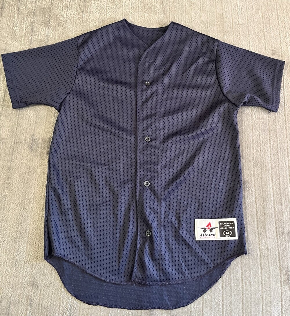 Alleson Athletic Navy Blue Mesh Baseball Shirt Button-up Jersey Youth Medium